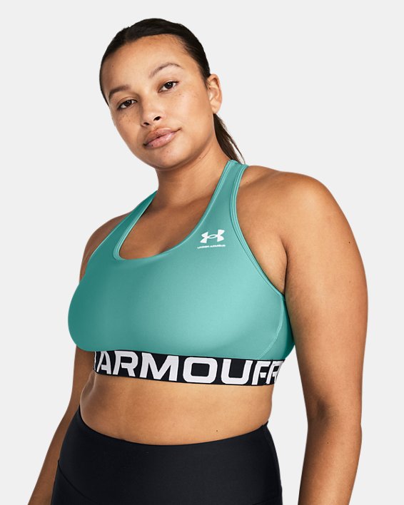 Women's HeatGear® Armour Mid Branded Sports Bra, Green, pdpMainDesktop image number 4